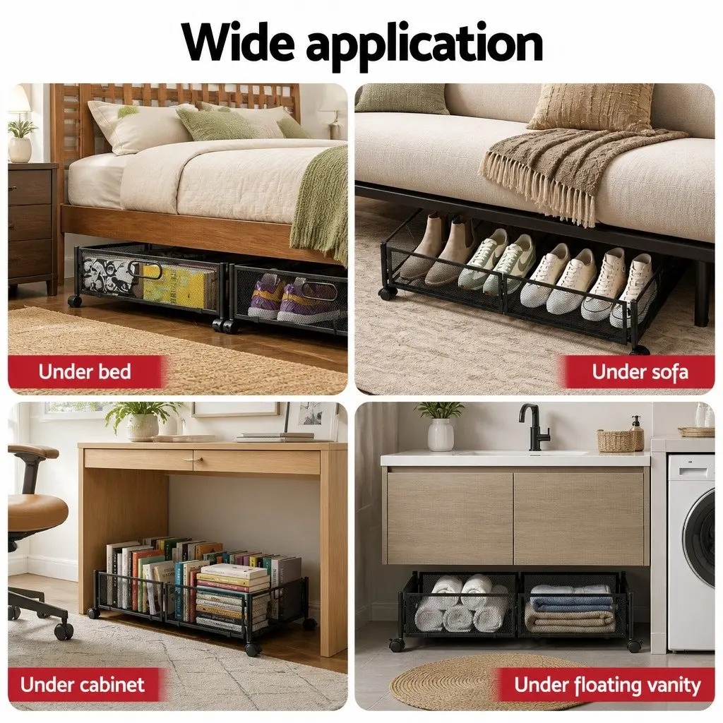 Under Bed Storage Containers Set of 2 for Bedroom 60cm x 40cm x 16cm Metal Boxes with Wheels