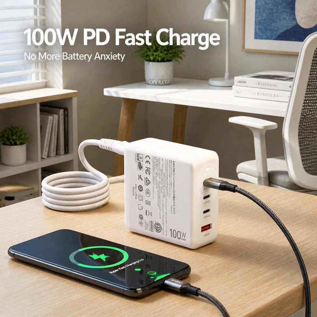 USB C Charger 100W Fast Charging Station 4 Port Desktop GaN Power Adapter White