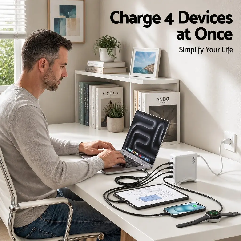 USB C Charger 100W Fast Charging Station 4 Port Desktop GaN Power Adapter White