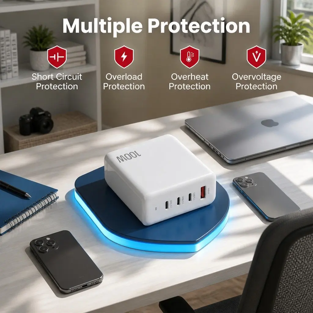 USB C Charger 100W Fast Charging Station 4 Port Desktop GaN Power Adapter White