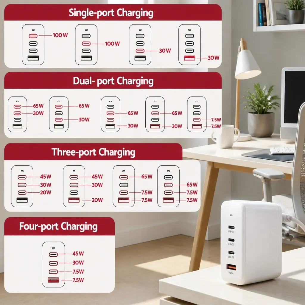 USB C Charger 100W Fast Charging Station 4 Port Desktop GaN Power Adapter White