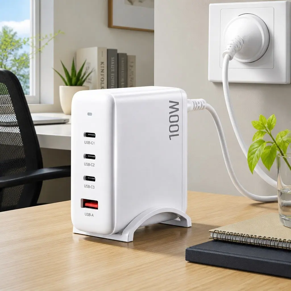 USB C Charger 100W Fast Charging Station 4 Port Desktop GaN Power Adapter White