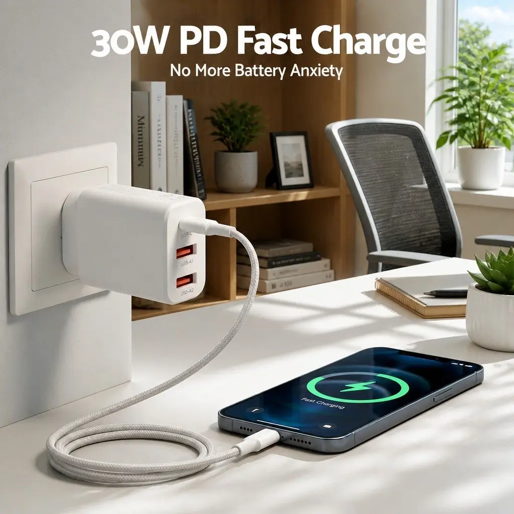 USB C Charger Wall Adapter 30W Fast Charging 3 Port for Home Office Travel White