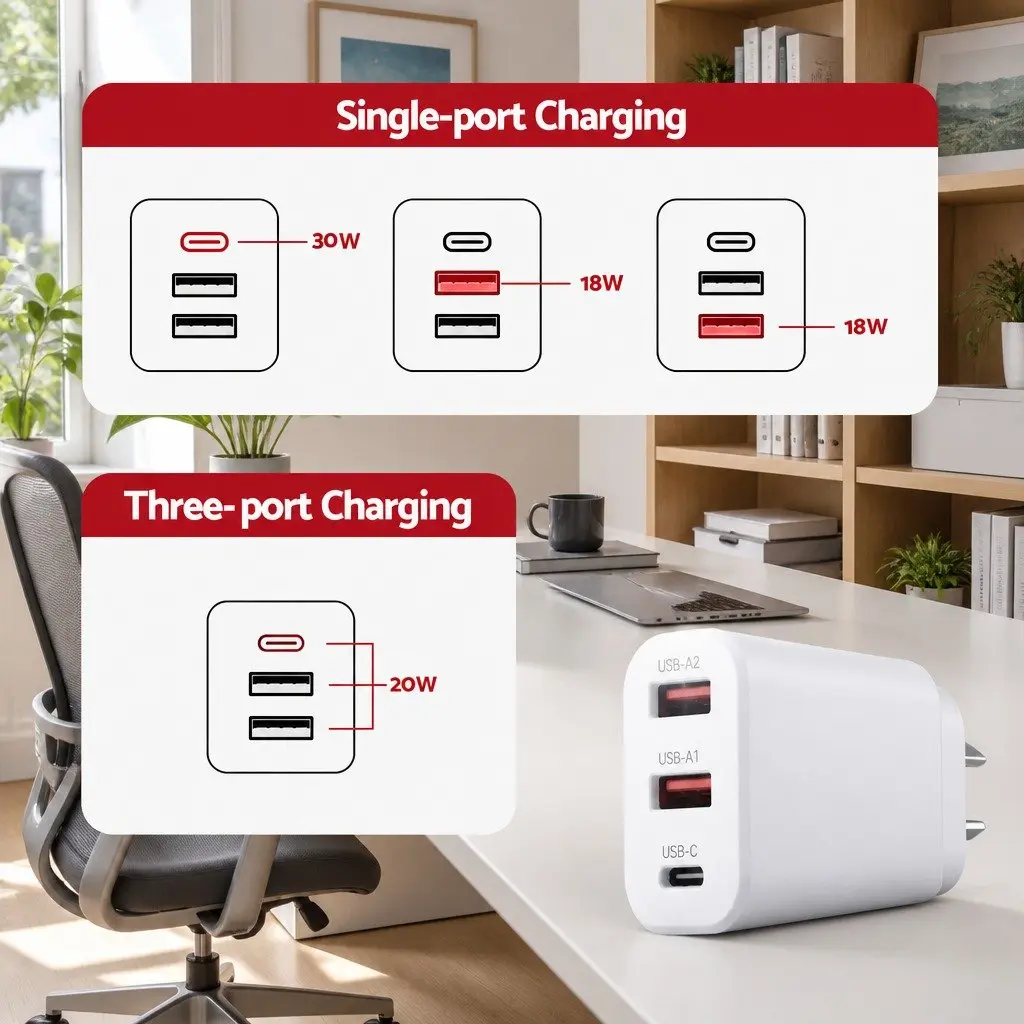 USB C Charger Wall Adapter 30W Fast Charging 3 Port for Home Office Travel White