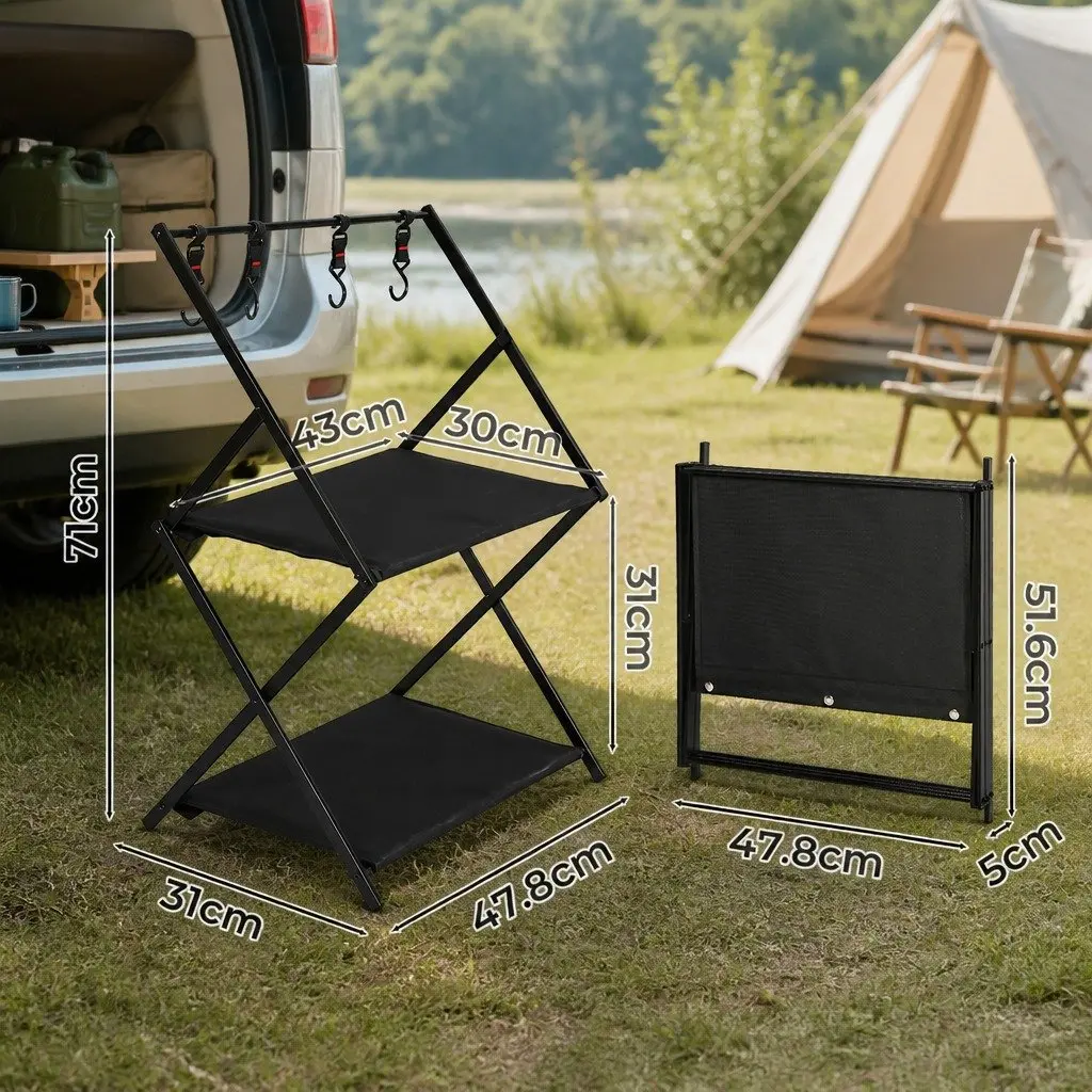 Foldable Camping Storage Shelves 2 Layer with Hooks Portable Outdoor Kitchen
