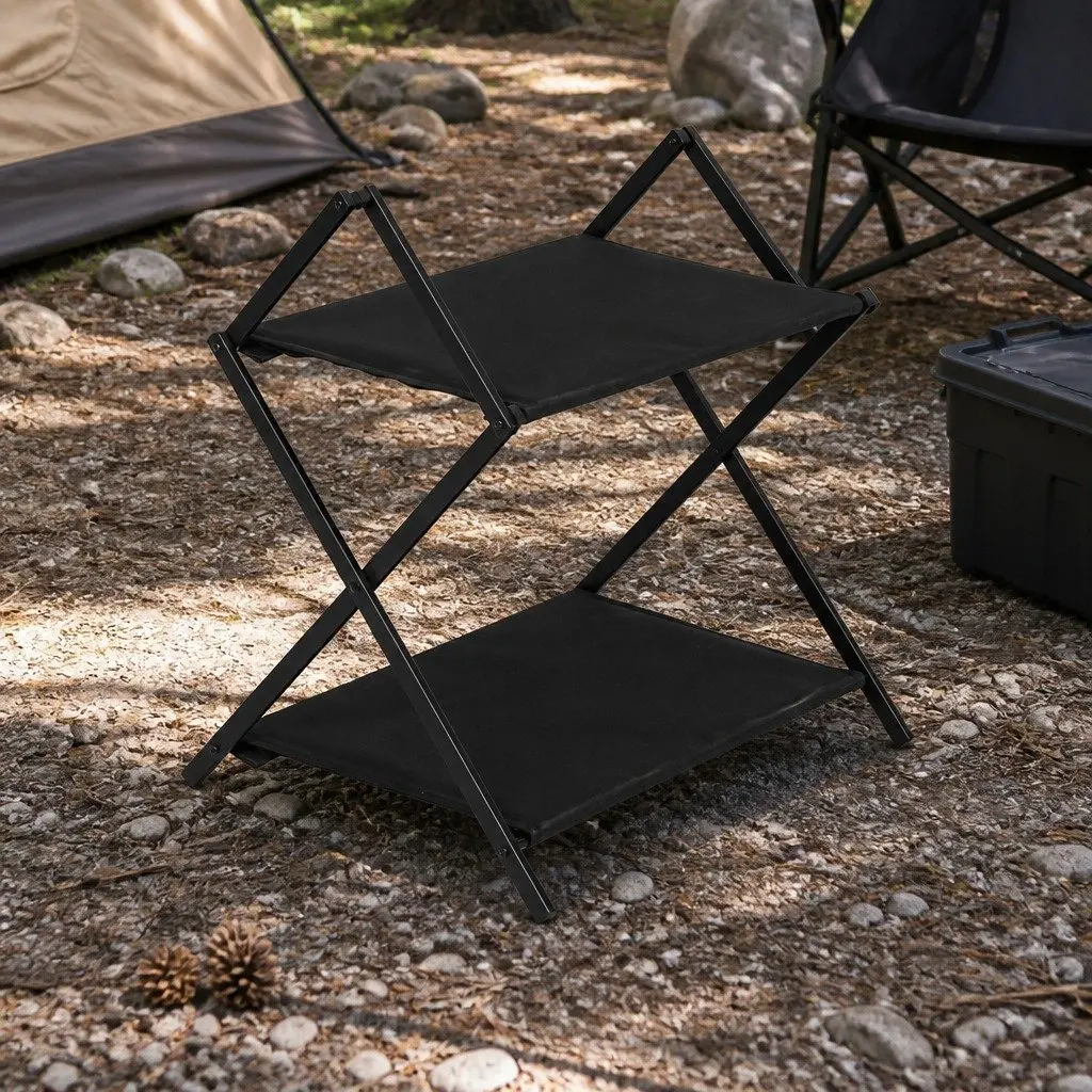 Foldable Camping Storage Shelves 2 Layer with Hooks Portable Outdoor Kitchen