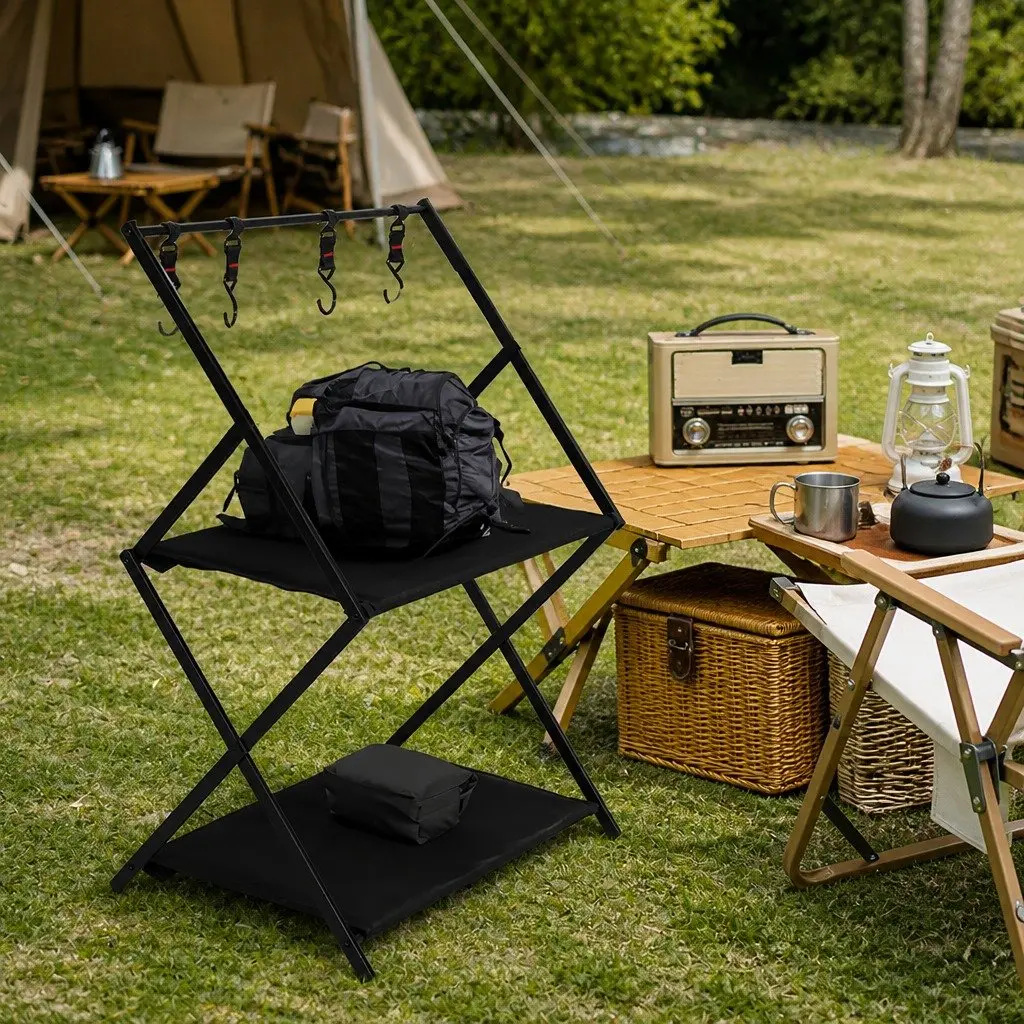 Foldable Camping Storage Shelves 2 Layer with Hooks Portable Outdoor Kitchen