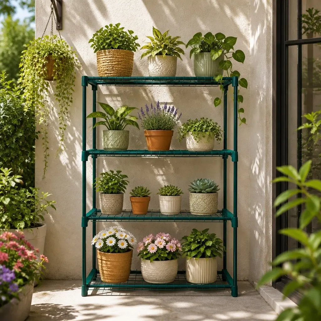 4 Tier Plant Stand Shelves Indoor Outdoor Metal Storage Rack 90cm W x 31cm D x 106cm H