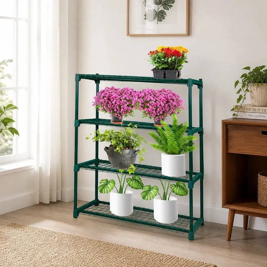 4 Tier Plant Stand Shelves Indoor Outdoor Metal Storage Rack 90cm W x 31cm D x 106cm H