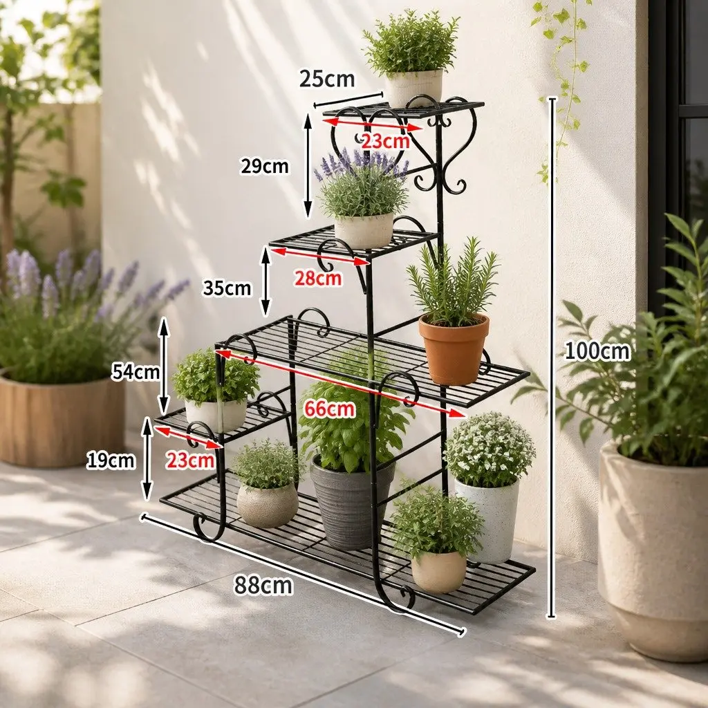 5 Tier Plant Stand Metal Steel Indoor Outdoor Garden Flower Pot Display Shelves 88cm W x 25cm D x 100cm H