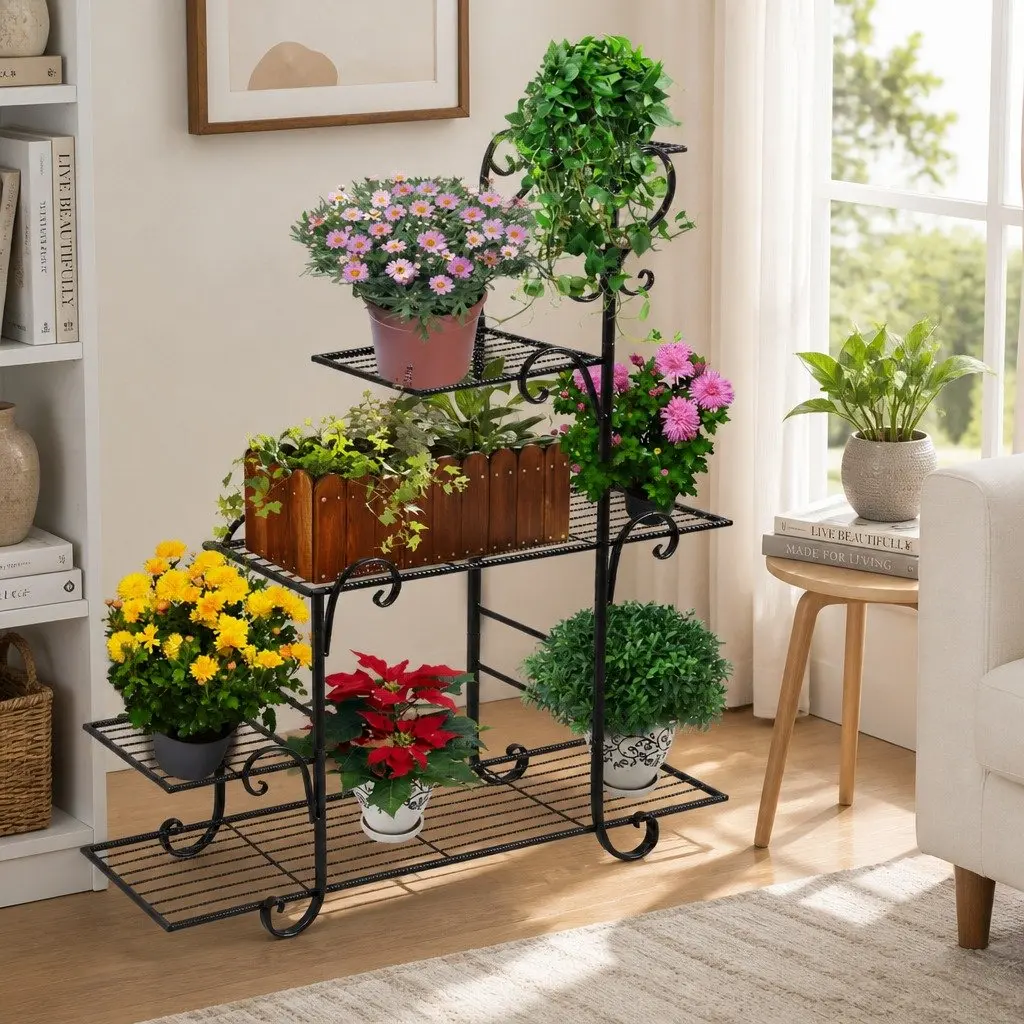 5 Tier Plant Stand Metal Steel Indoor Outdoor Garden Flower Pot Display Shelves 88cm W x 25cm D x 100cm H