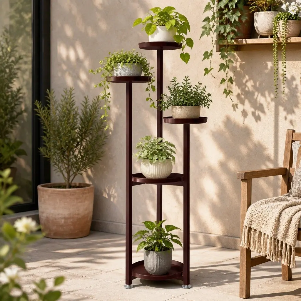 5 Tier Metal Plant Stand for Indoor Outdoor Use Bronze Space Saving Vertical Storage