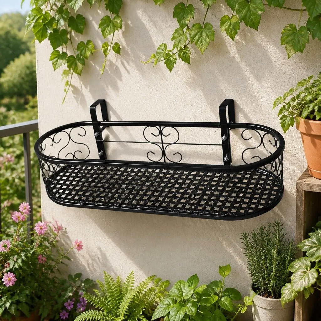 Hanging Pot Plant Stand Outdoor Indoor Black Oval Rail Hook Basket
