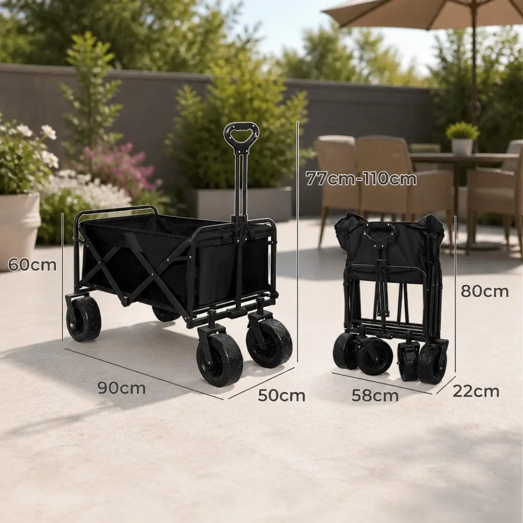 Foldable Wagon Trolley for Camping and Gardening Black 90cm x 50cm x 60cm