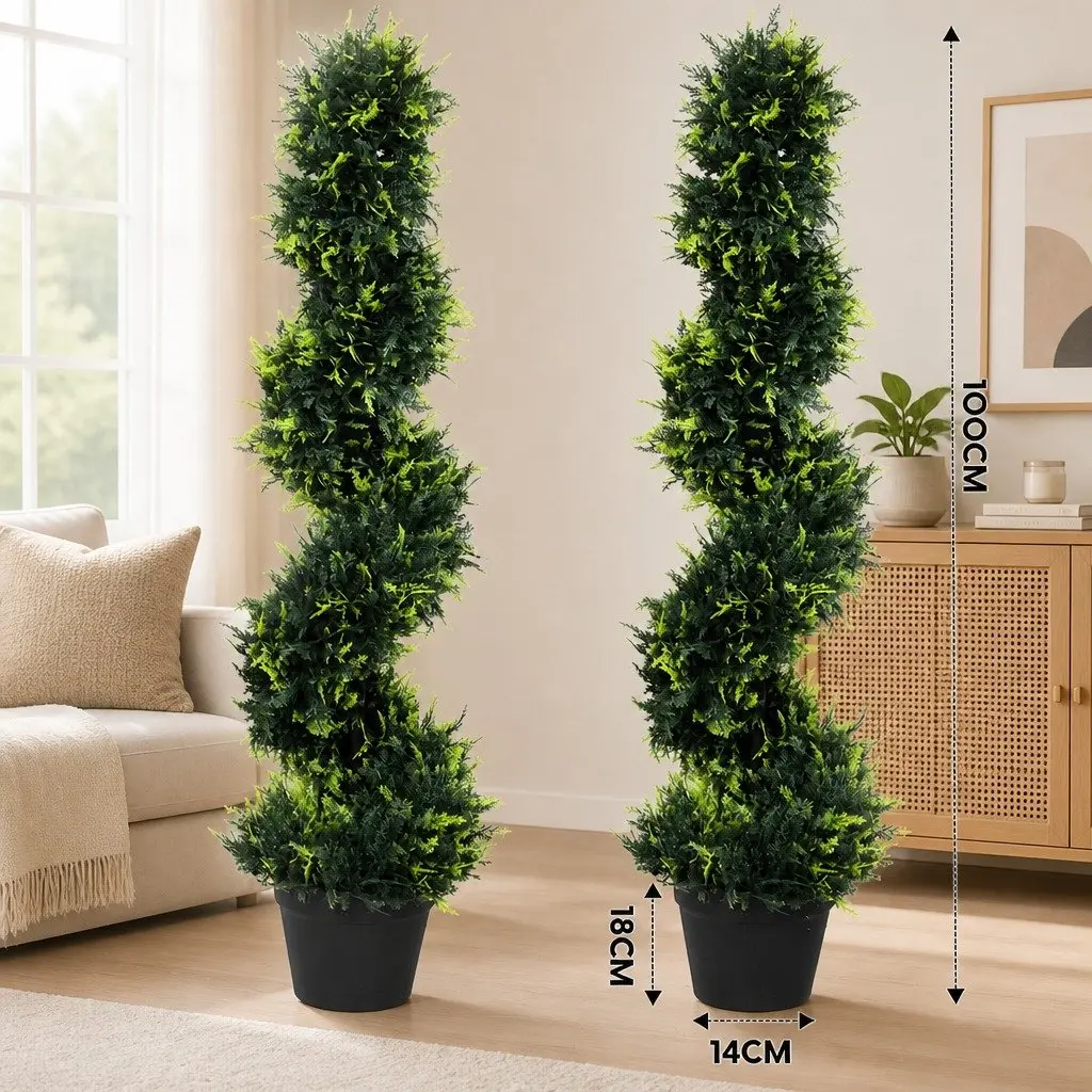 Artificial Spiral Cedar Tree 100cm Indoor Outdoor Faux Greenery Decor 2 Pack