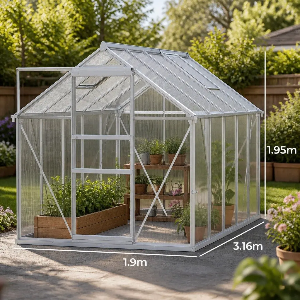 Aluminium Walk In Greenhouse Outdoor Large 3.16m x 1.9m x 1.95m Polycarbonate Garden Green House