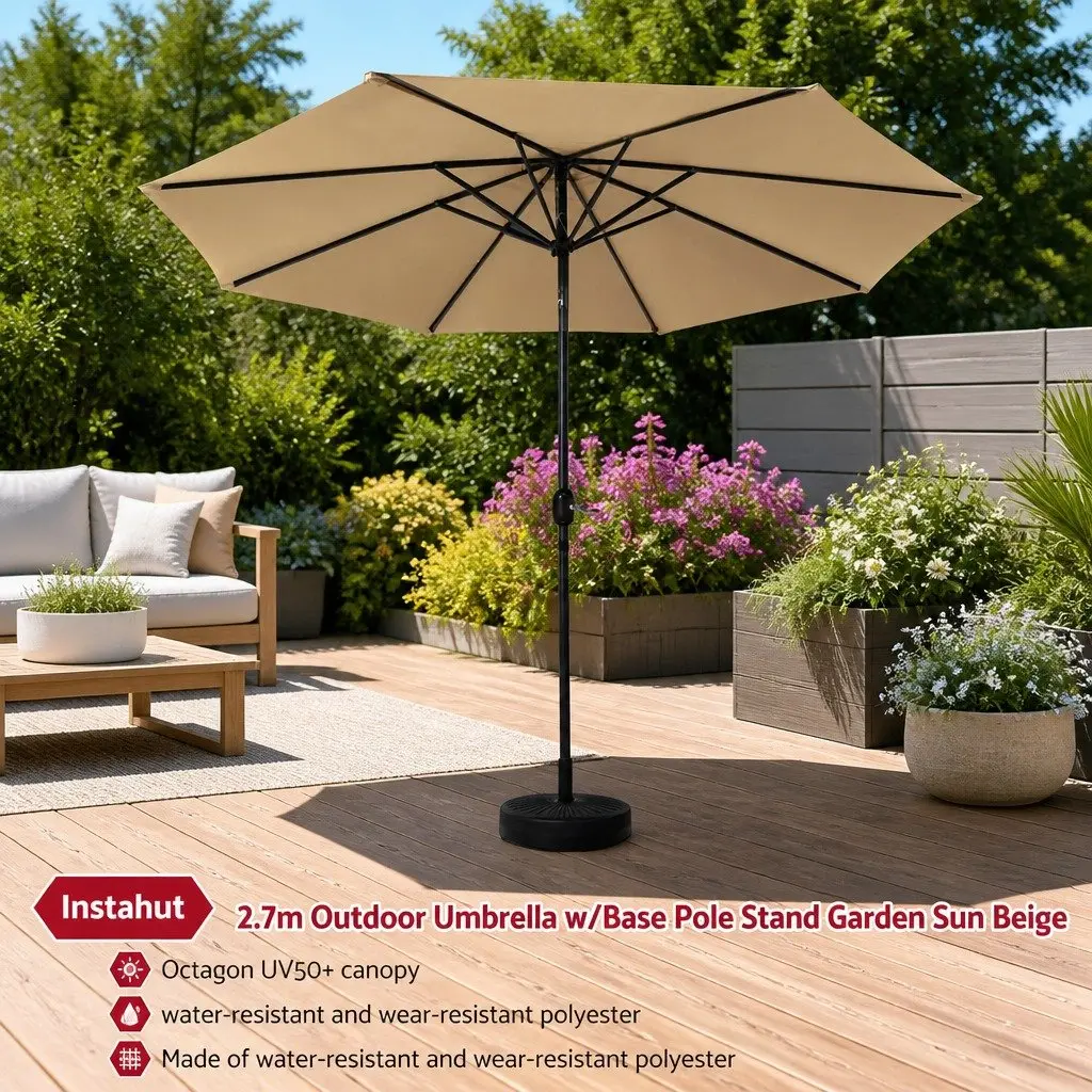 Outdoor Umbrella Garden Patio 2.7m Centre Post Octagonal Canopy Sun Shade Beige