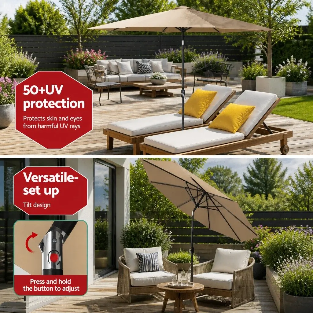 Outdoor Umbrella Garden Patio 2.7m Centre Post Octagonal Canopy Sun Shade Beige