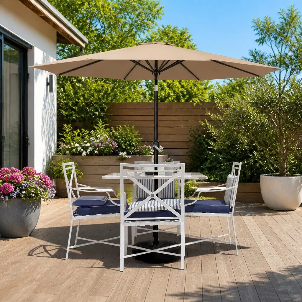 Outdoor Umbrella Garden Patio 2.7m Centre Post Octagonal Canopy Sun Shade Beige