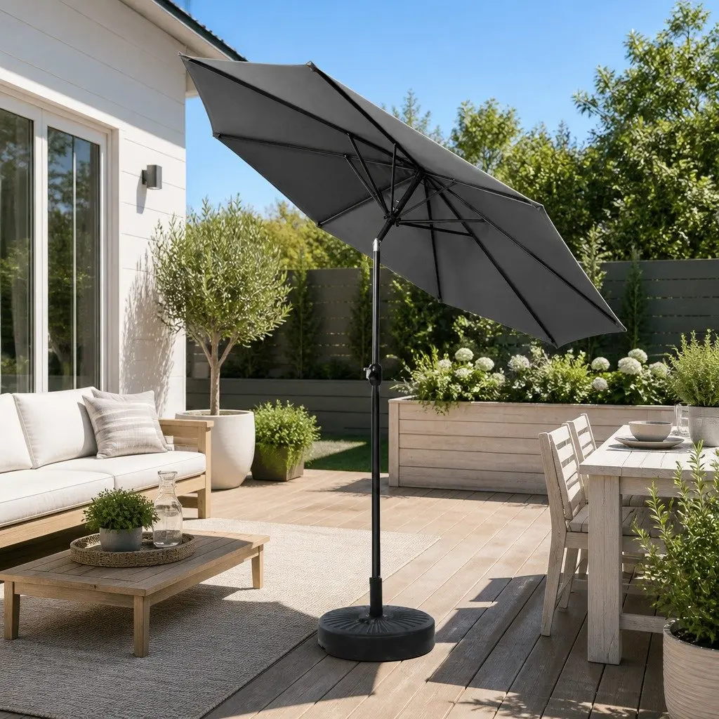 Outdoor Umbrella for Garden 2.7m Charcoal Crank Tilt Base Stand