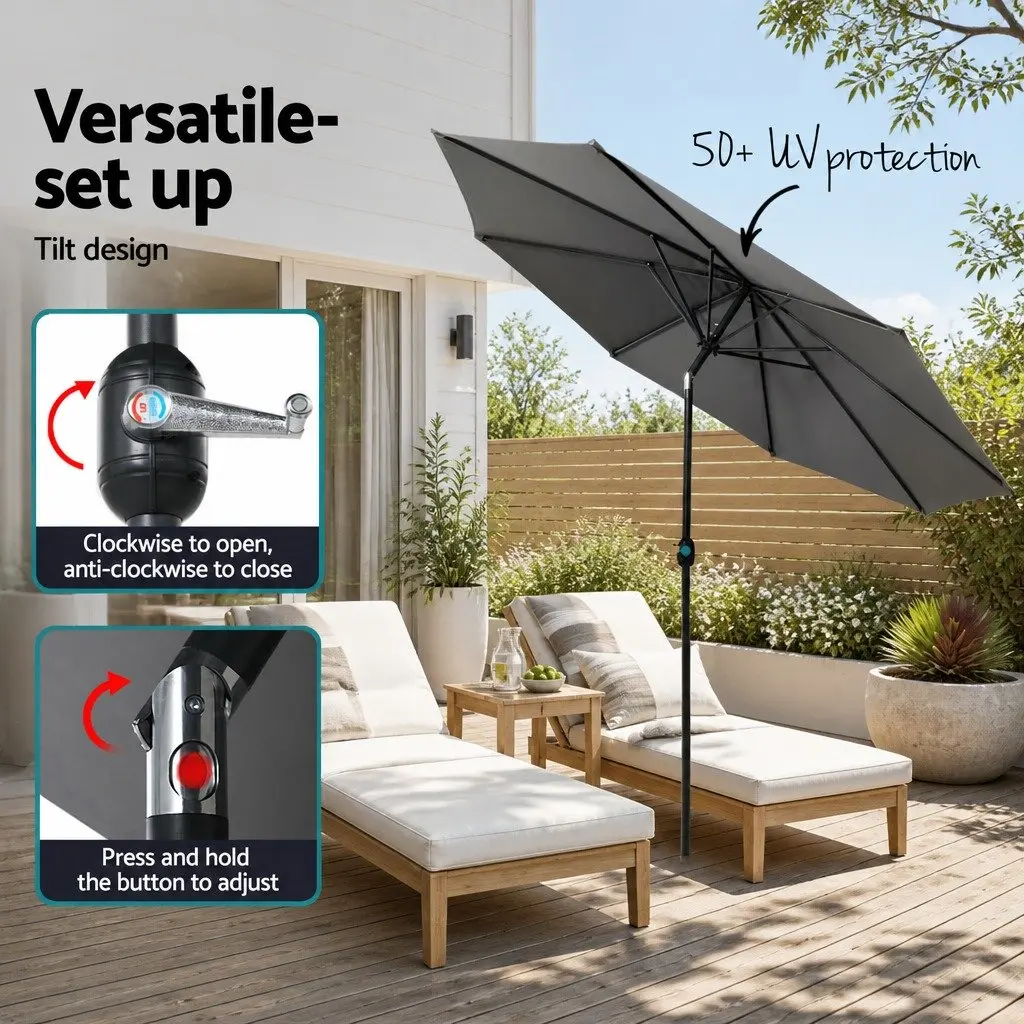 Outdoor Umbrella for Garden 2.7m Charcoal Crank Tilt Base Stand