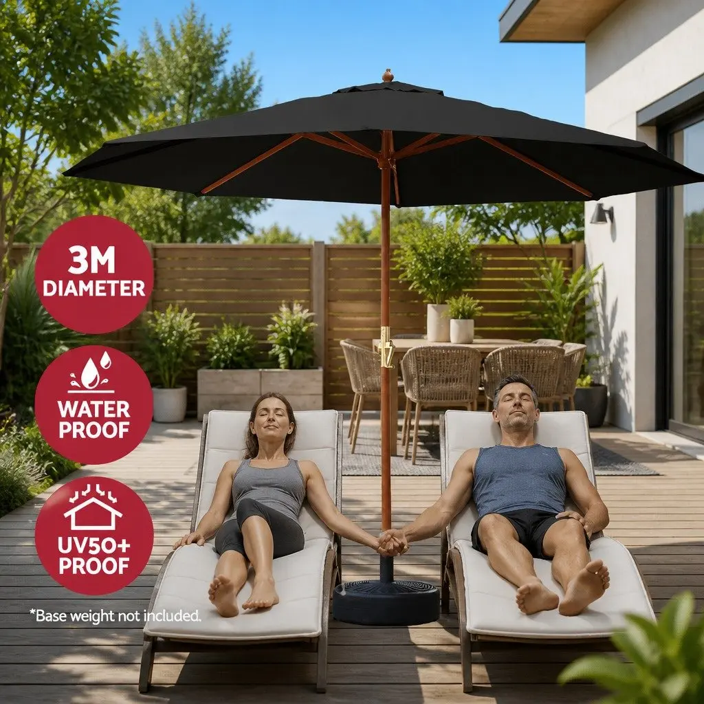 Outdoor Umbrella 3m Centre Post Pole Octagonal Canopy Beach Garden Patio Black