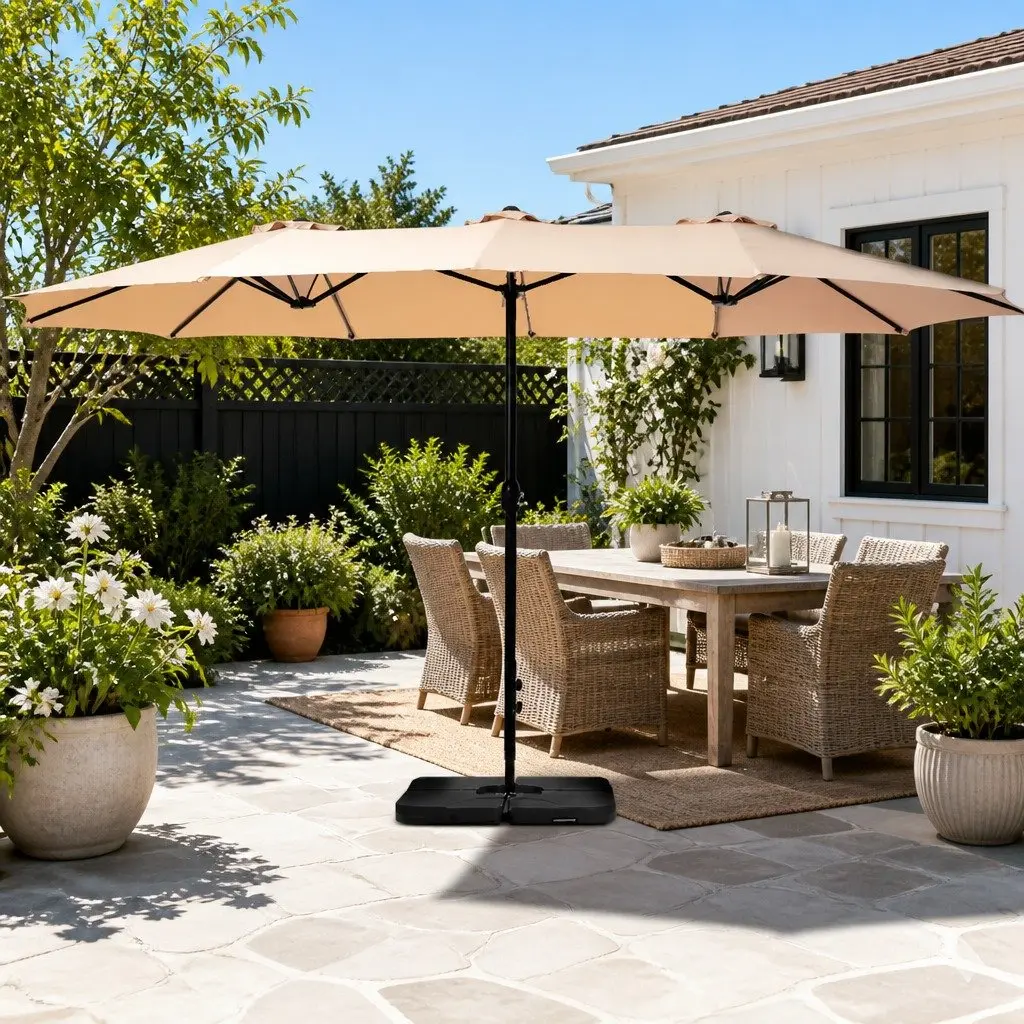 Outdoor Umbrella for Garden Patio 4.57m Beige Black Double-Sided Canopy with Heavy-Duty Base