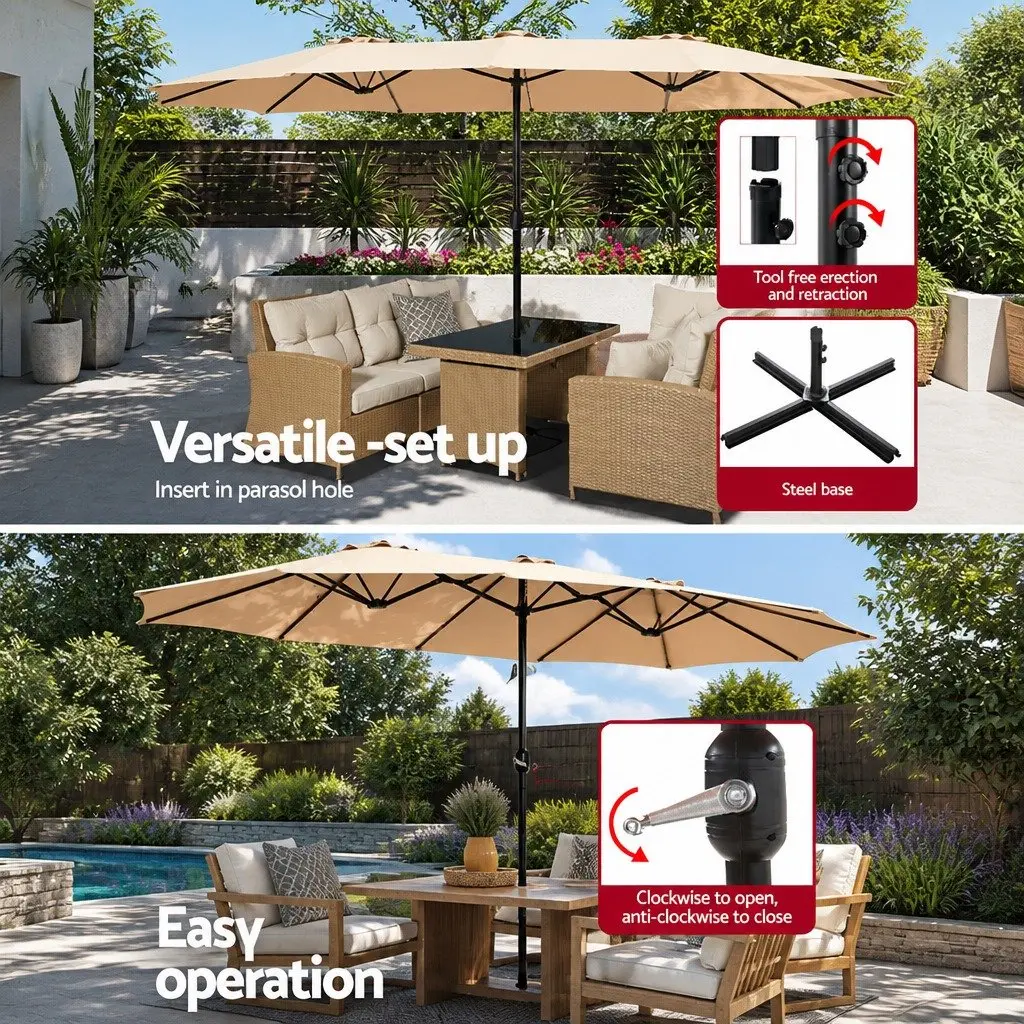 Outdoor Umbrella for Garden Patio 4.57m Beige Black Double-Sided Canopy with Heavy-Duty Base