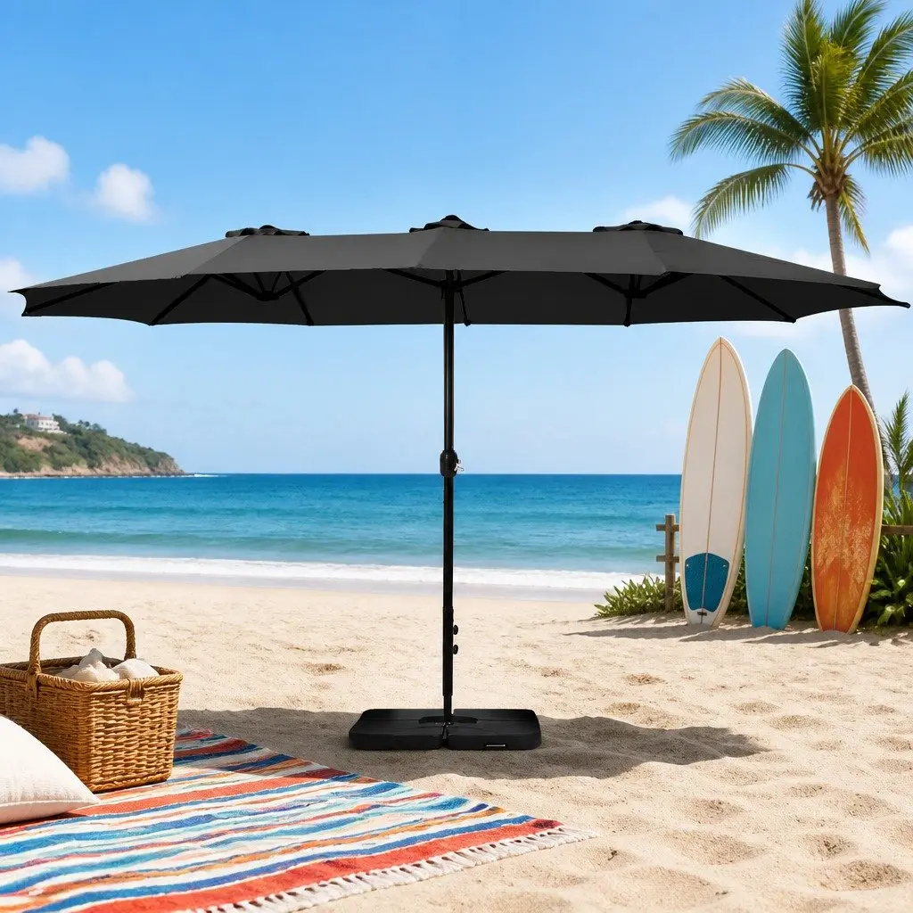 Outdoor Umbrella Patio 4.57m Diameter Double-Sided Canopy Black with Base Stand