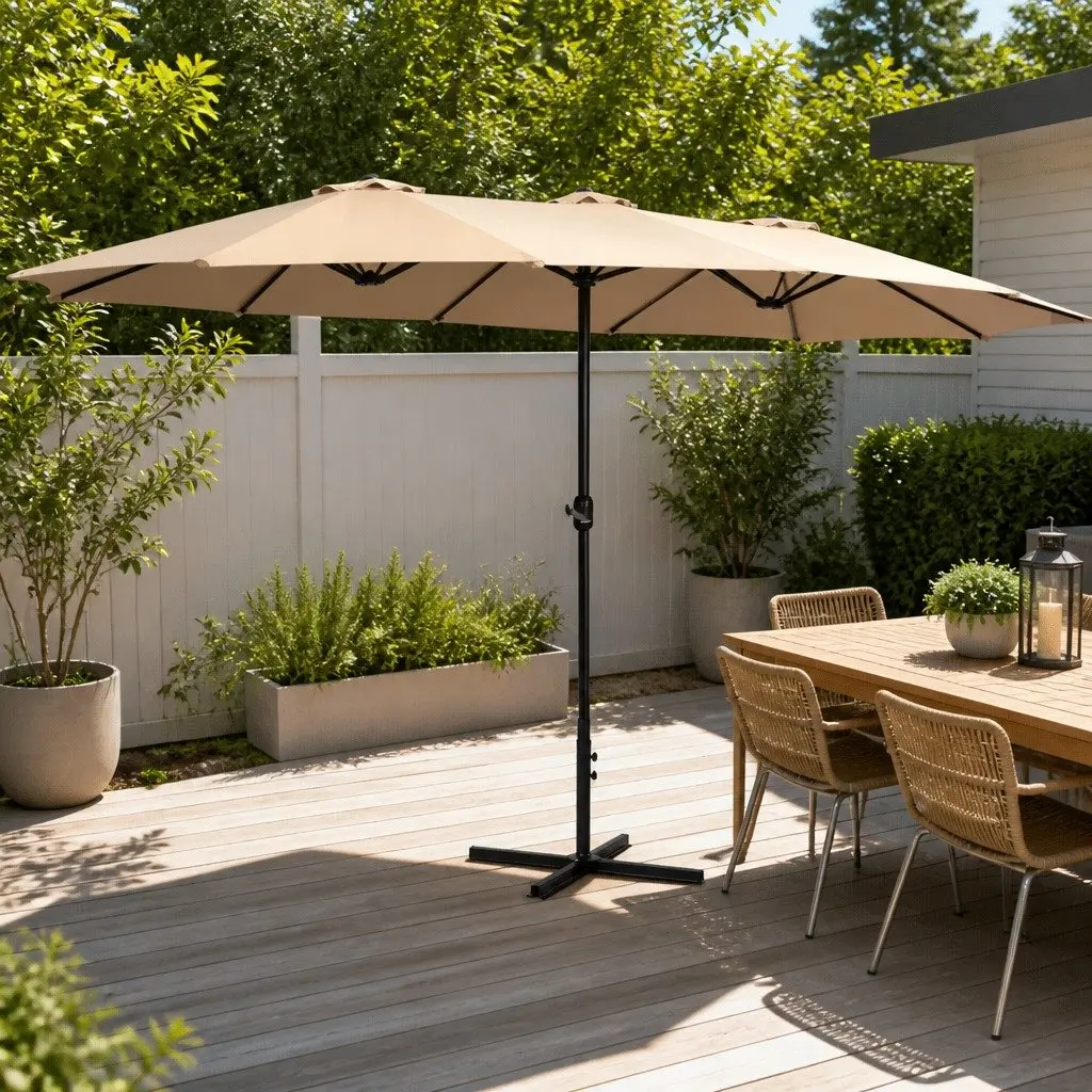 Outdoor Umbrella Garden Beach 4.57m Centre Post Beige Sunshade Tilt Canopy