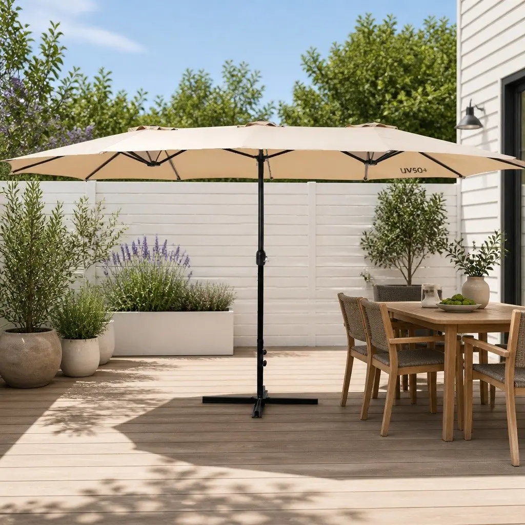 Outdoor Umbrella Garden Beach 4.57m Centre Post Beige Sunshade Tilt Canopy