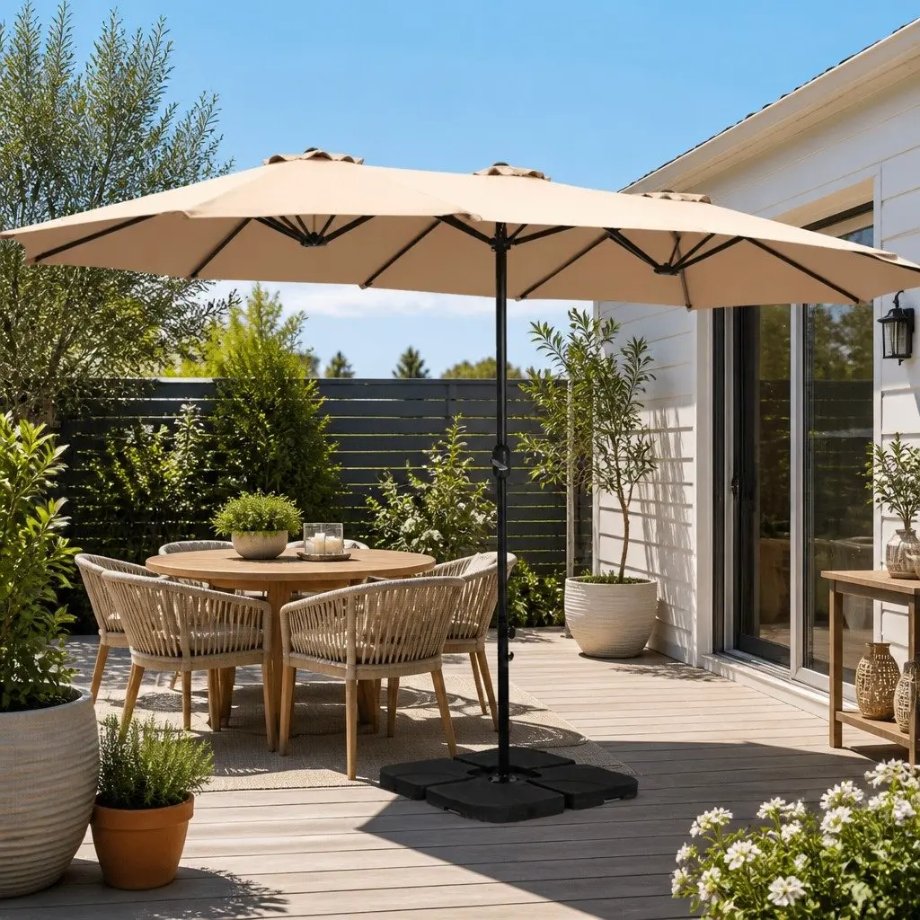 Outdoor Umbrella Garden Beach 4.57m Centre Post Beige Sunshade Tilt Canopy
