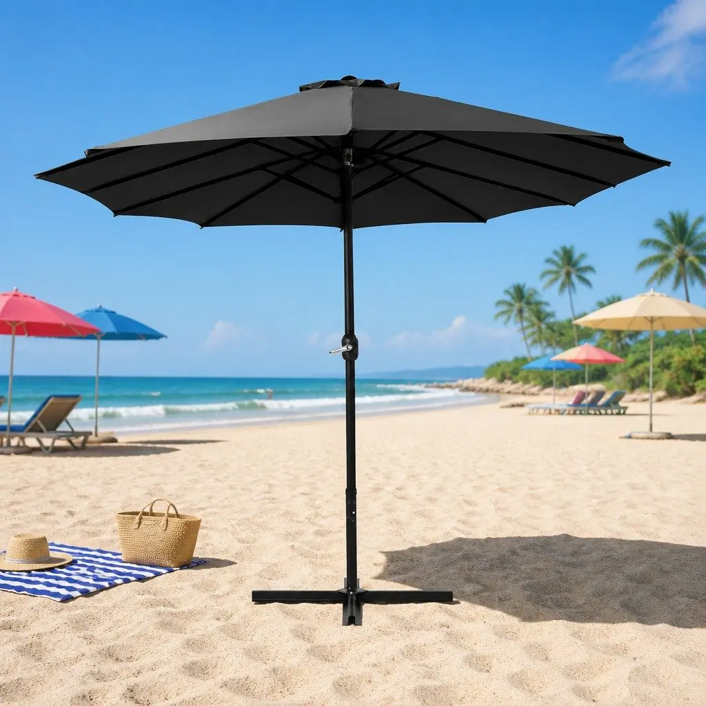 Outdoor Umbrella 4.57m Centre Post Beach Garden Tilt Canopy Black Shade