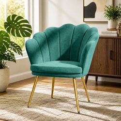 Green Velvet Armchair Shell Back Design Scallop Accent Chair Golden Legs Wood