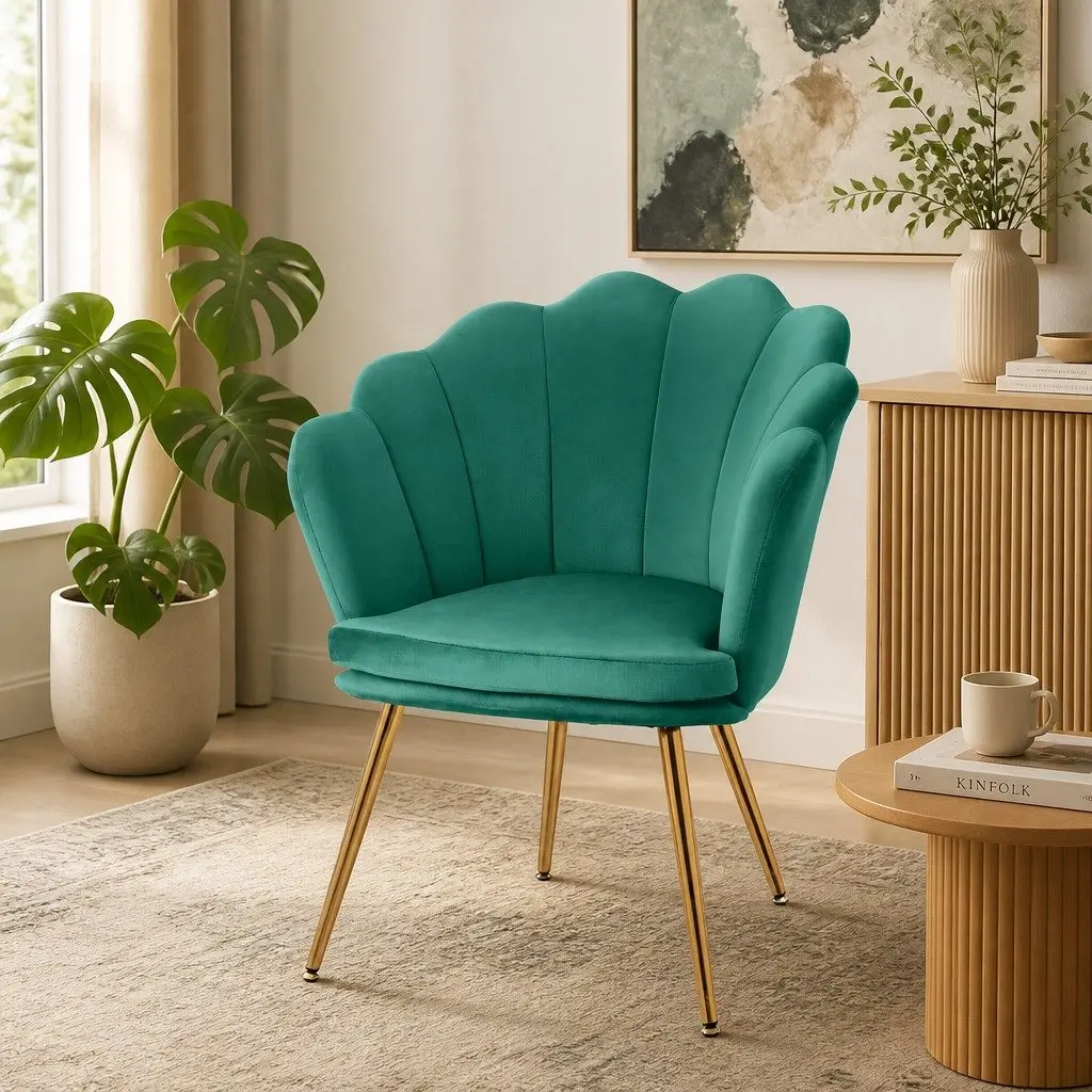 Green Velvet Armchair with Shell Back