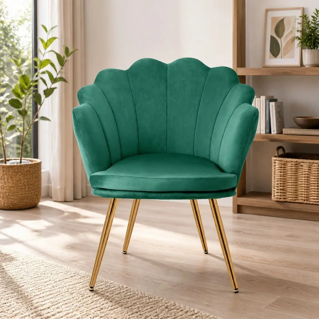 Green Velvet Armchair with Shell Back