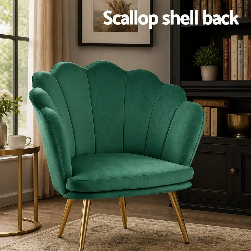 Green Velvet Armchair with Shell Back