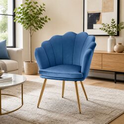 Navy Velvet Armchair Shell Back Design Golden Legs Accent Chair Reading Lounge