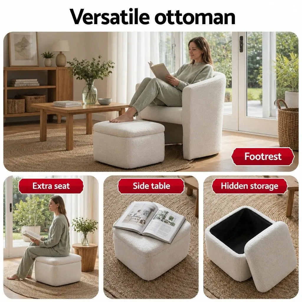 Accent Armchair with Ottoman Storage for Living Room Bedroom White