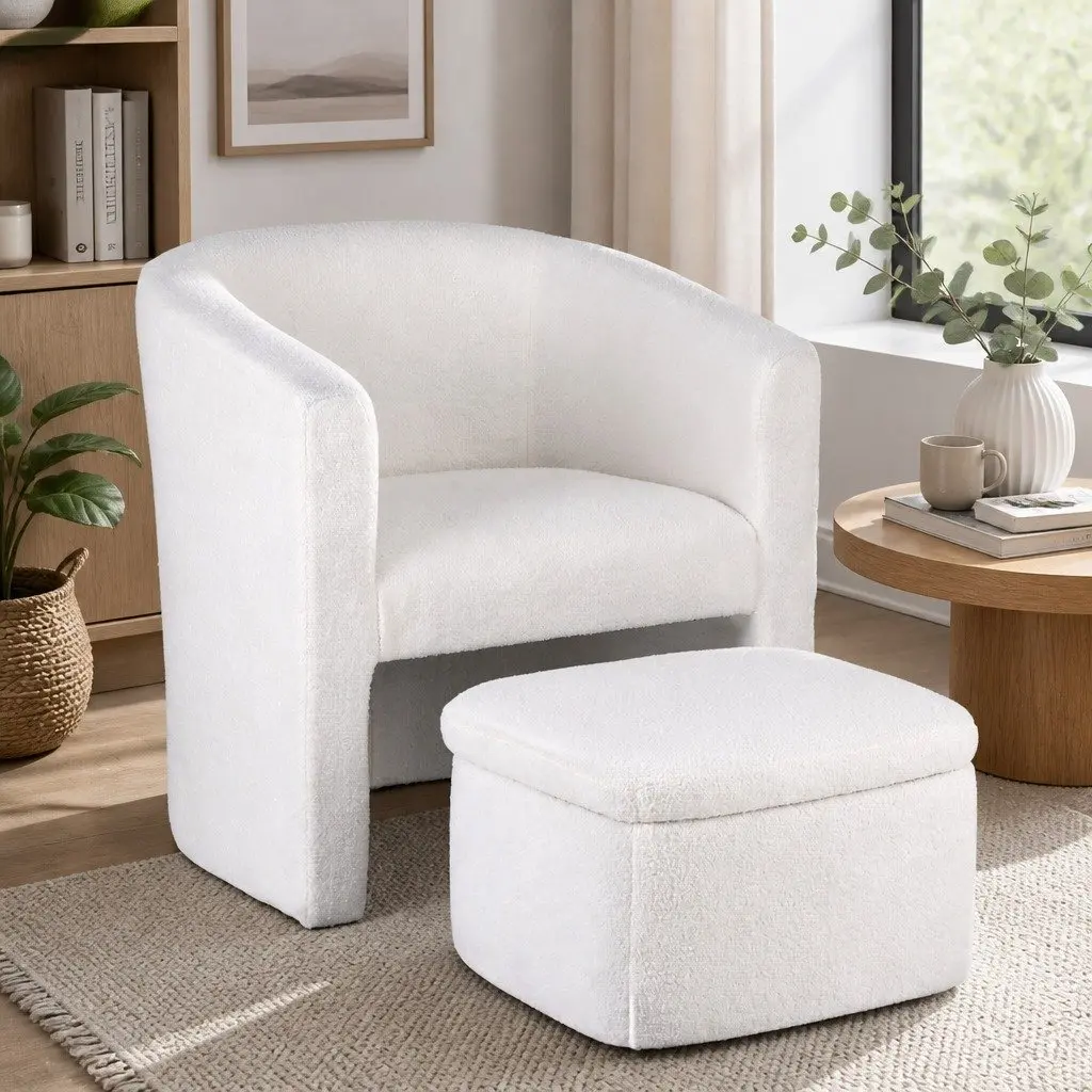 Accent Armchair with Ottoman Storage for Living Room Bedroom White