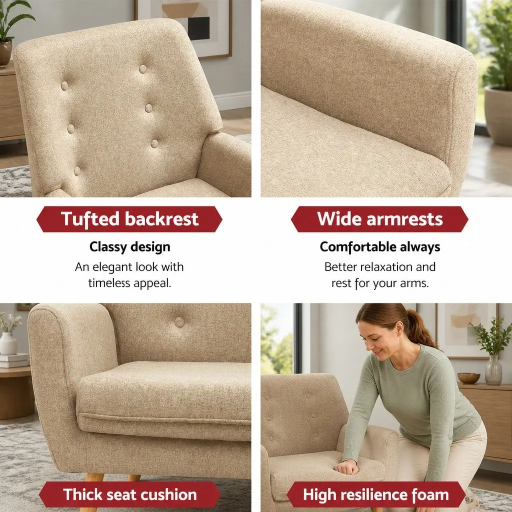 Armchair Linen Upholstered Beige Tufted Button Design Full Size Seating Foam