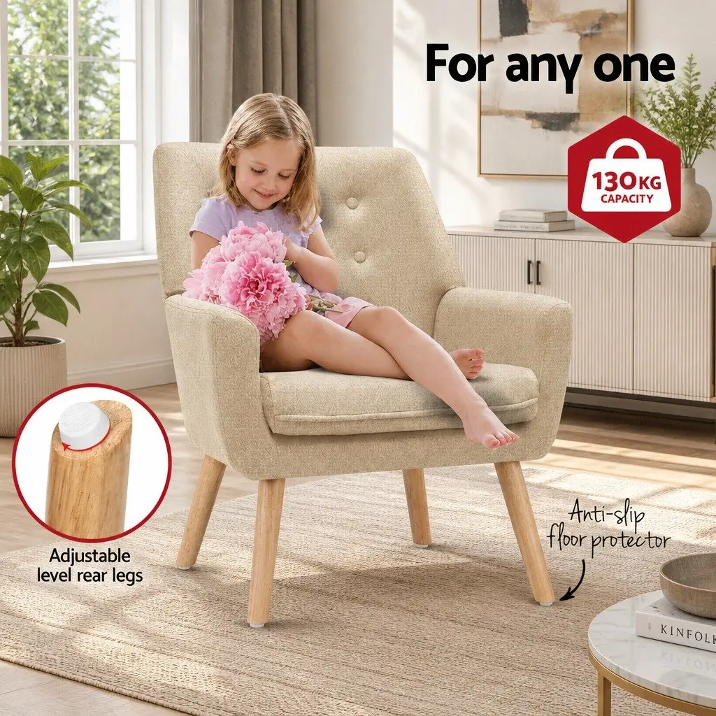 Armchair Linen Upholstered Beige Tufted Button Design Full Size Seating Foam