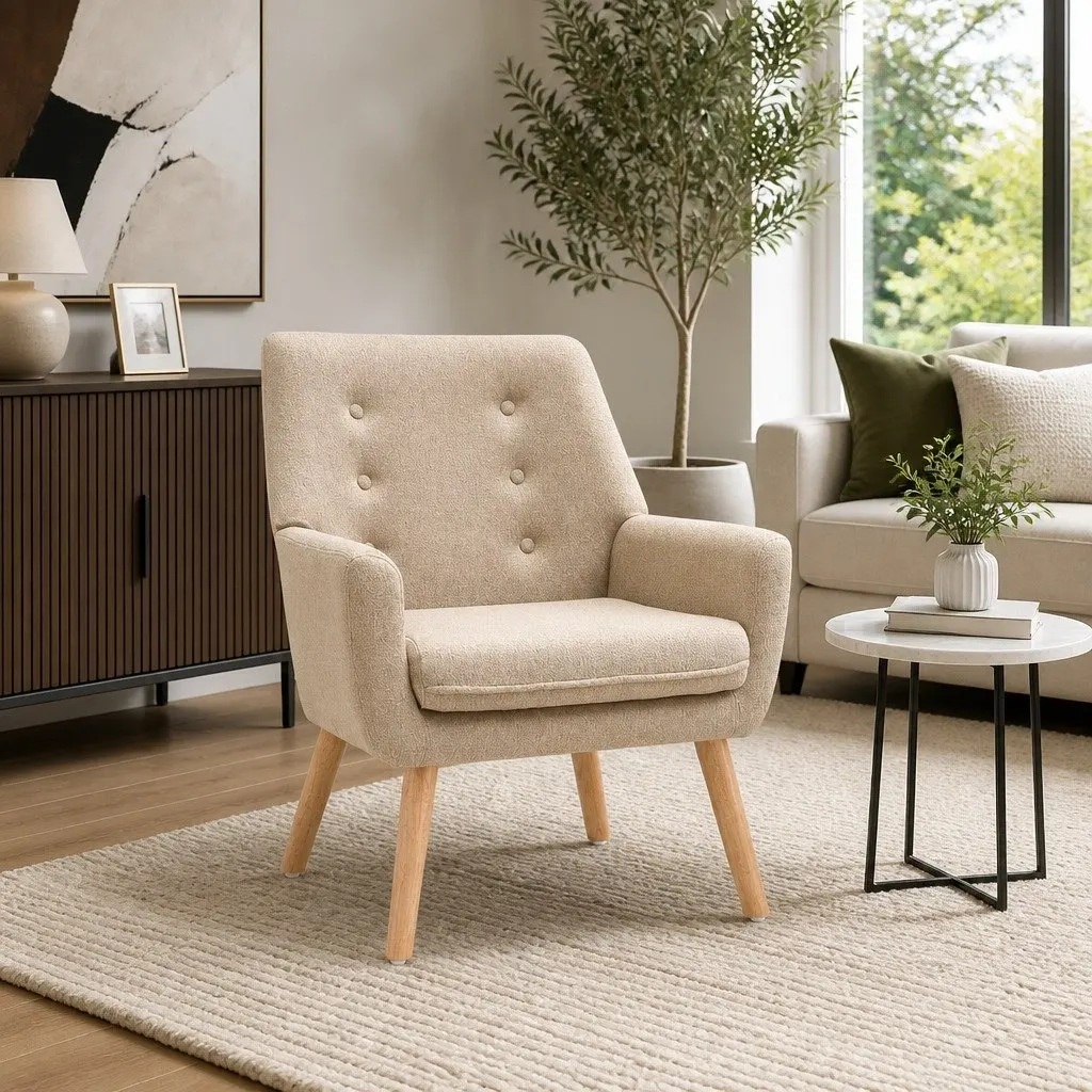 Armchair Linen Upholstered Beige Tufted Button Design Full Size Seating Foam
