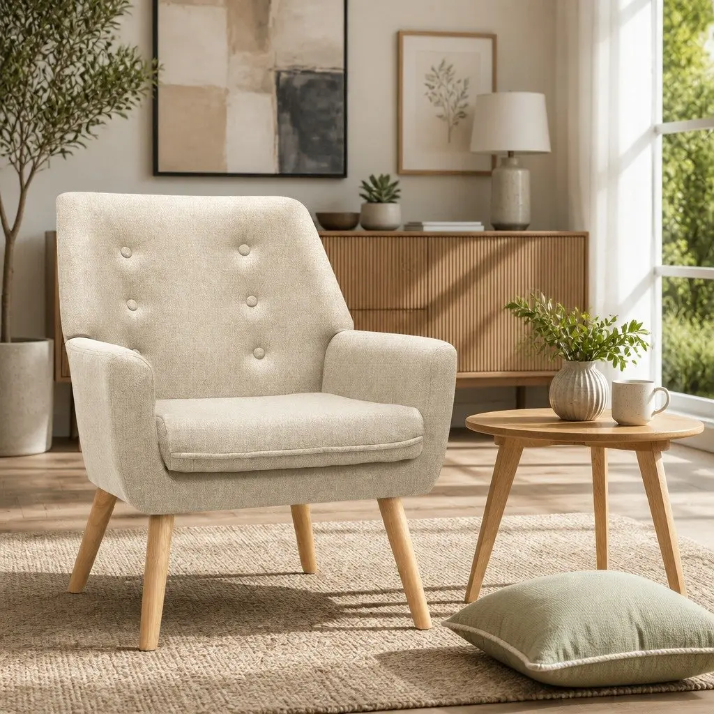 Armchair Linen Upholstered Beige Tufted Button Design Full Size Seating Foam