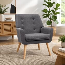 Armchair Grey Linen Fabric Upholstered Tufted Button Full Size Lounge Chair