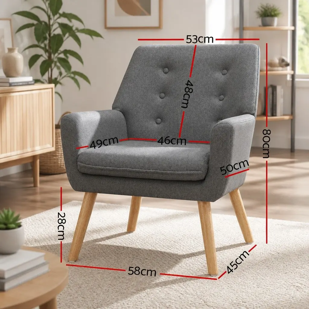 Armchair Grey Linen Fabric Upholstered Tufted Button Full Size Lounge Chair