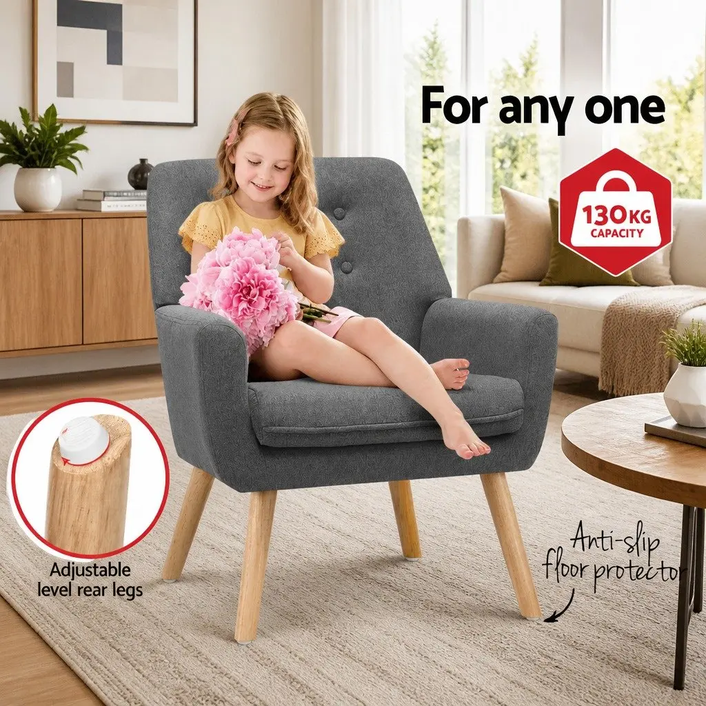 Armchair Grey Linen Fabric Upholstered Tufted Button Full Size Lounge Chair