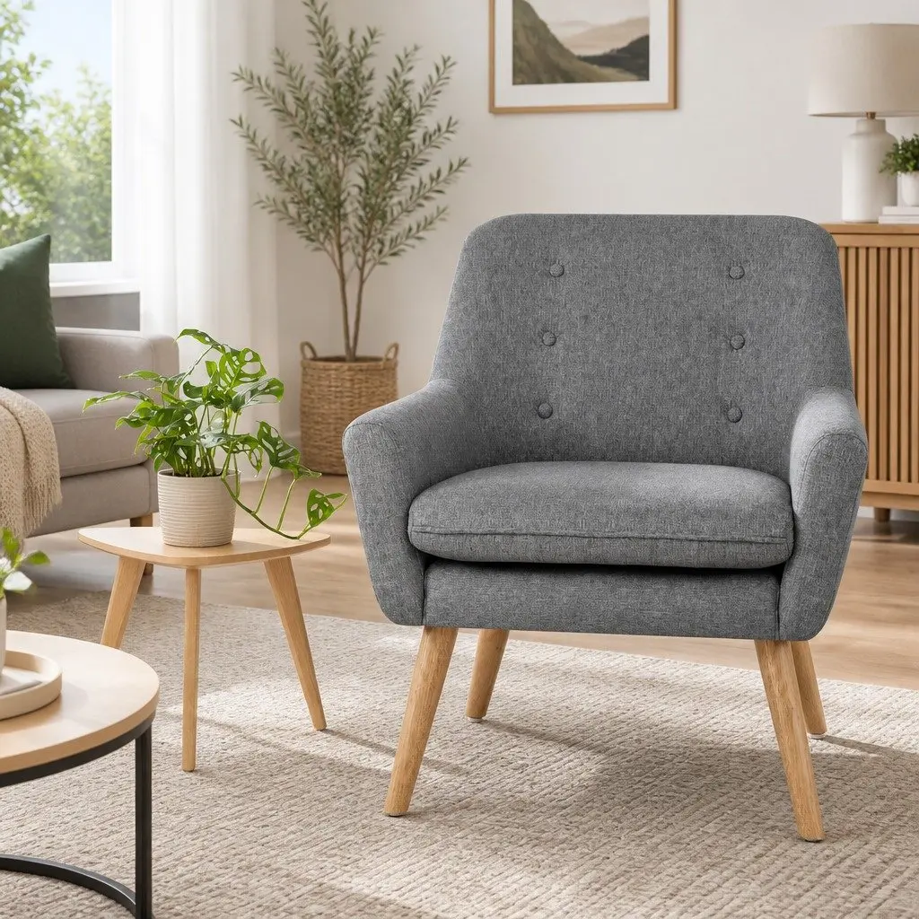 Armchair Grey Linen Fabric Upholstered Tufted Button Full Size Lounge Chair