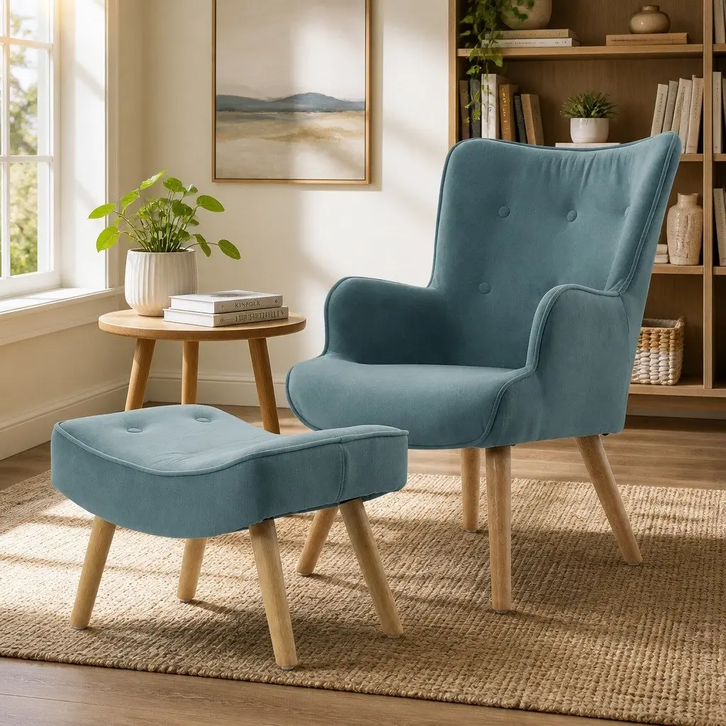 Armchair Set with Ottoman in Blue