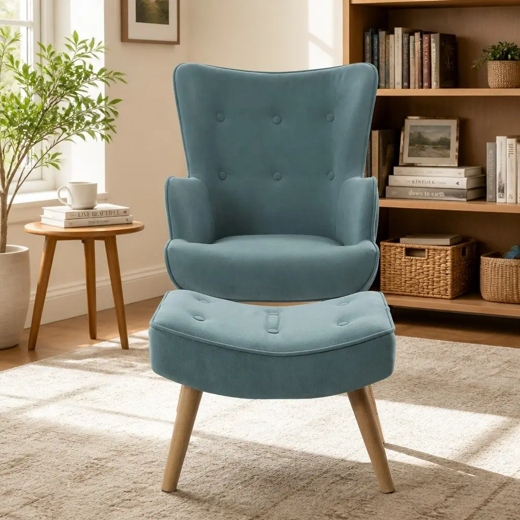 Armchair Set with Ottoman in Blue